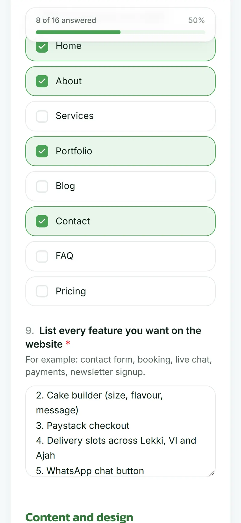 A client filling in an onboarding form on a phone, with a progress bar