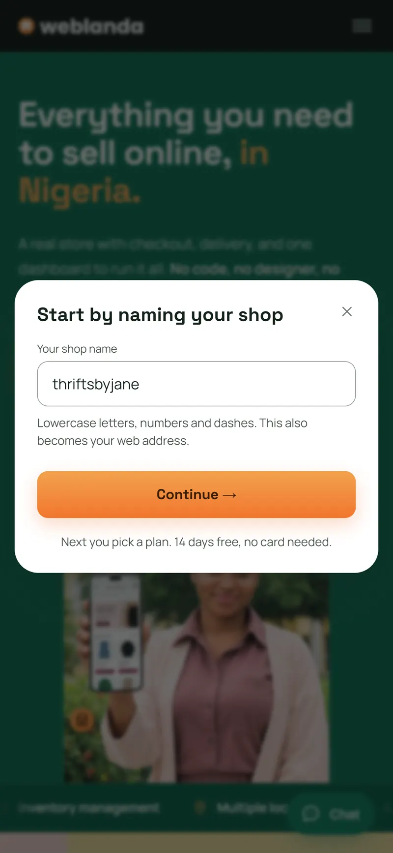 Weblanda's first step on a phone: naming a new shop